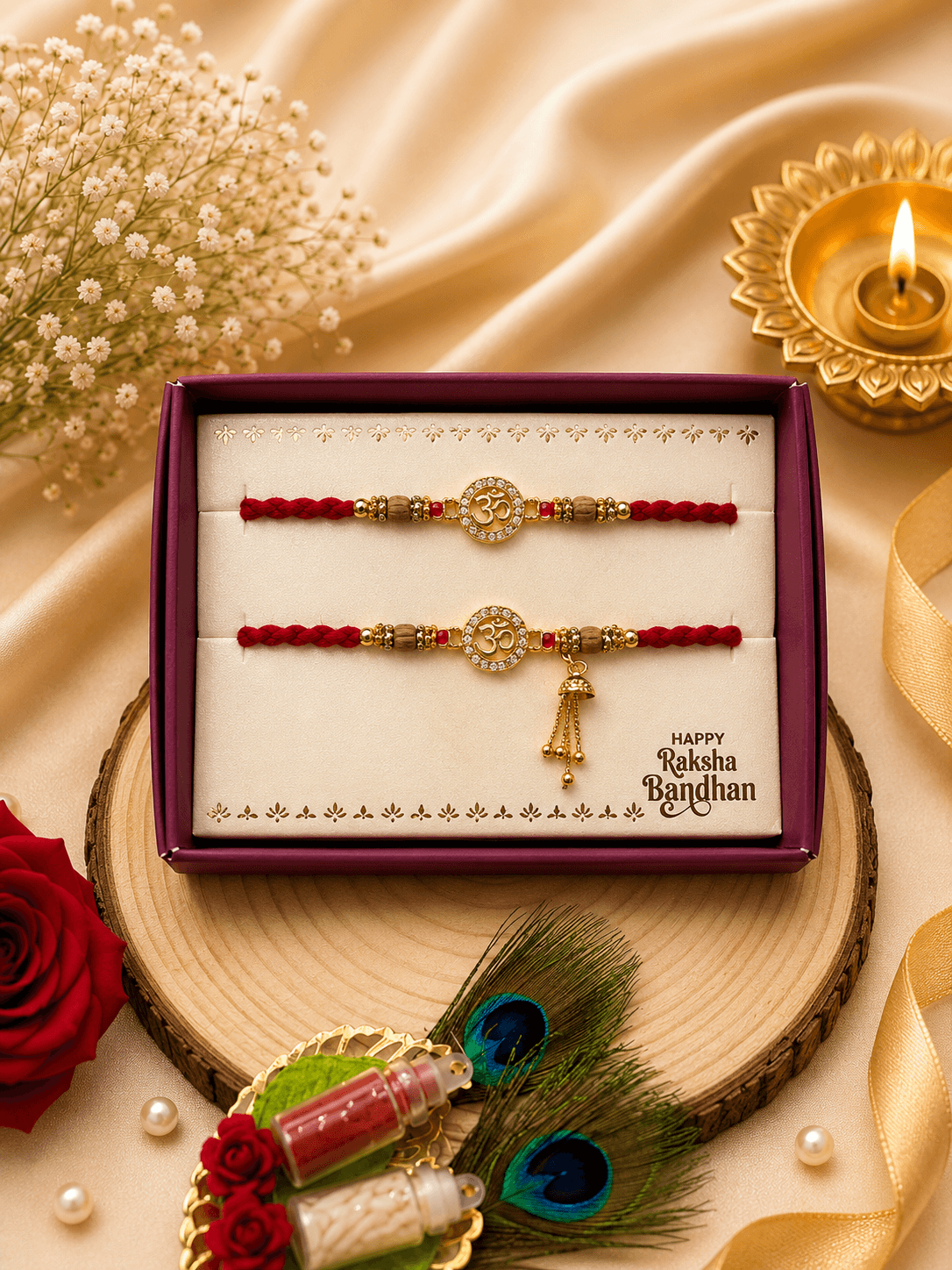 Om Designer Couple Rakhi Set
