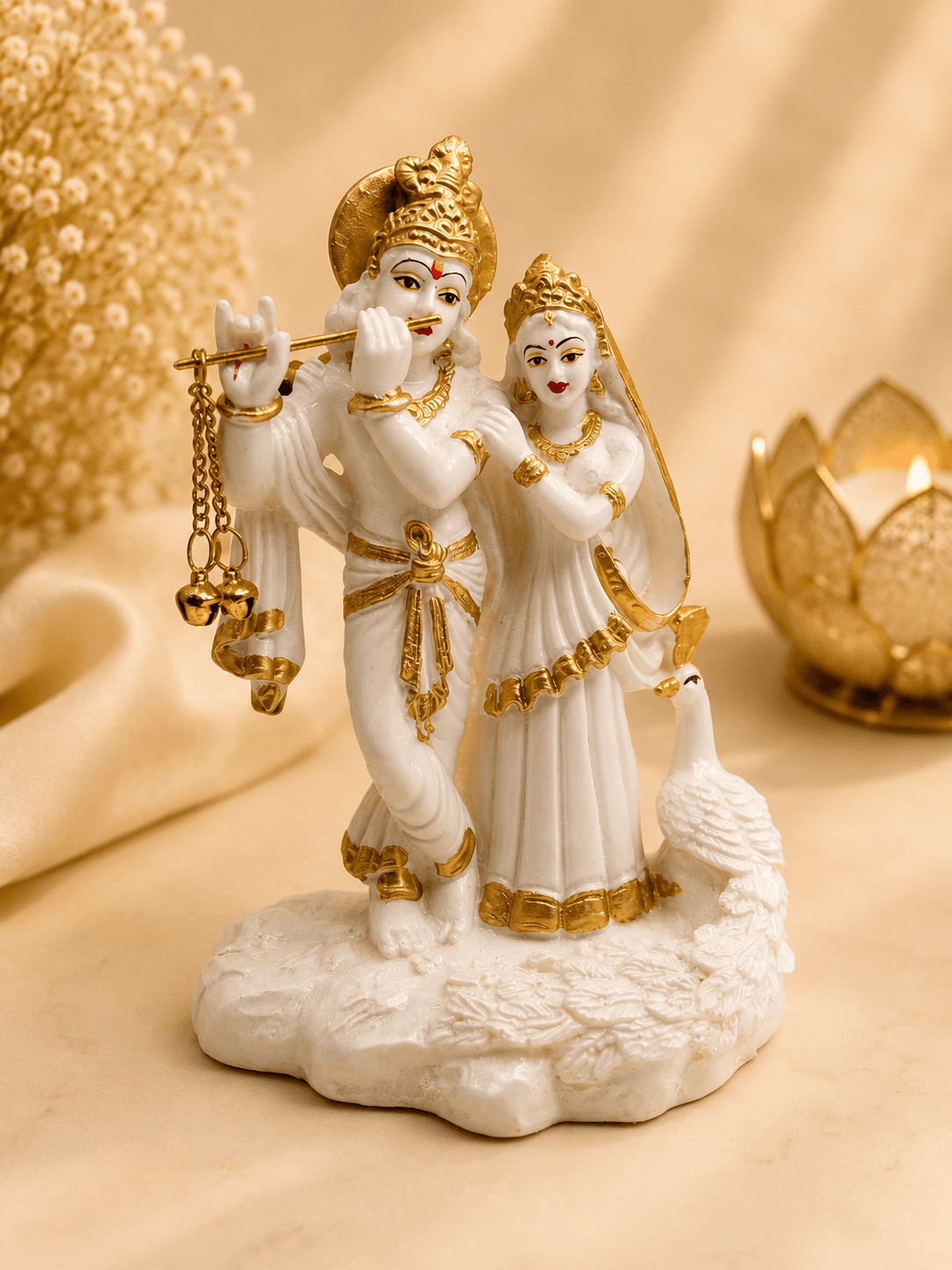Premium White & Gold Radha Krishna Idol with Peacock